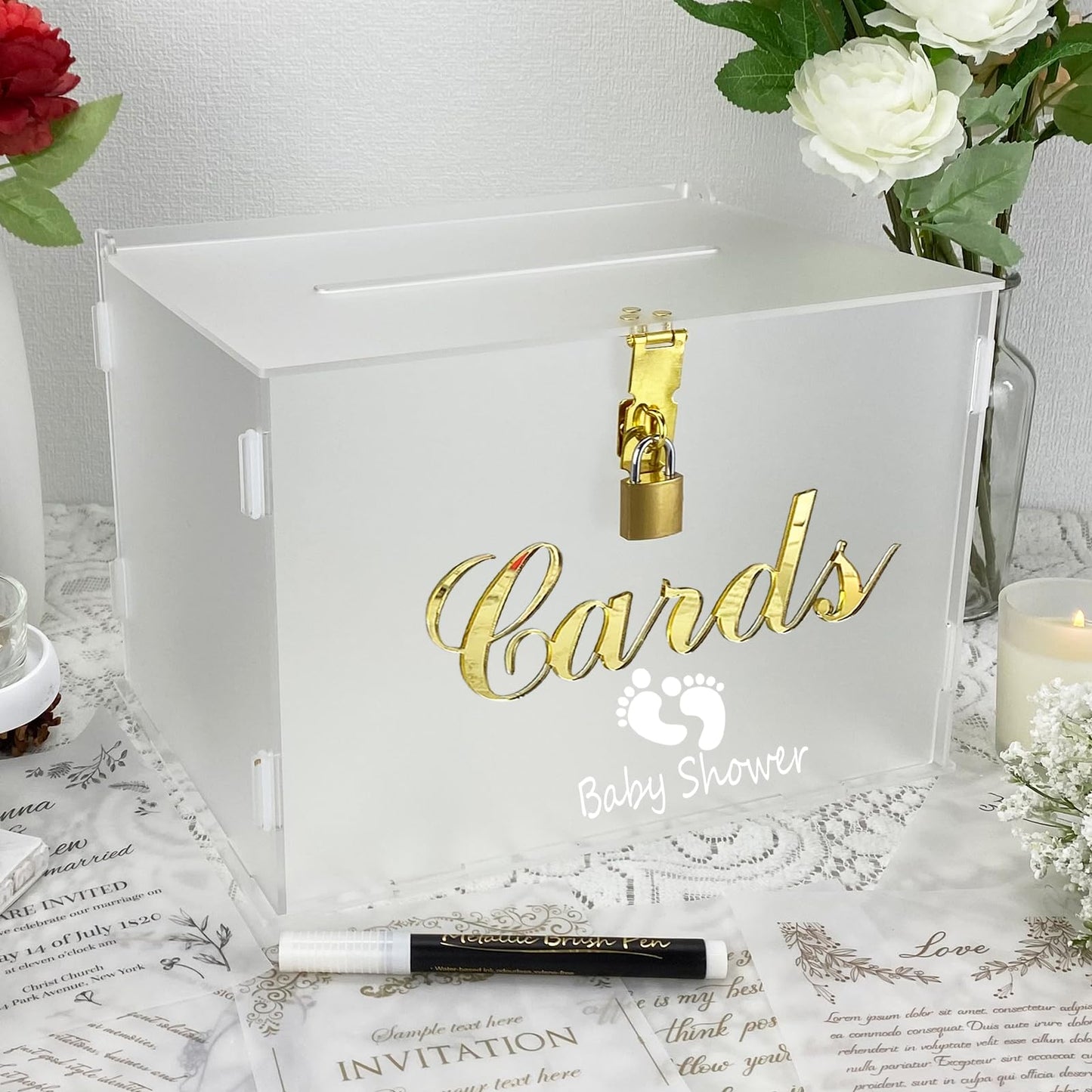 FCDECOR 11" Frosted Wedding Card Box with Lock, Acrylic Gift Card Box for Wedding Decorations for Reception, Honeymoon Fund Money Box for Bridal Shower Decorations Party Reception Anniversary