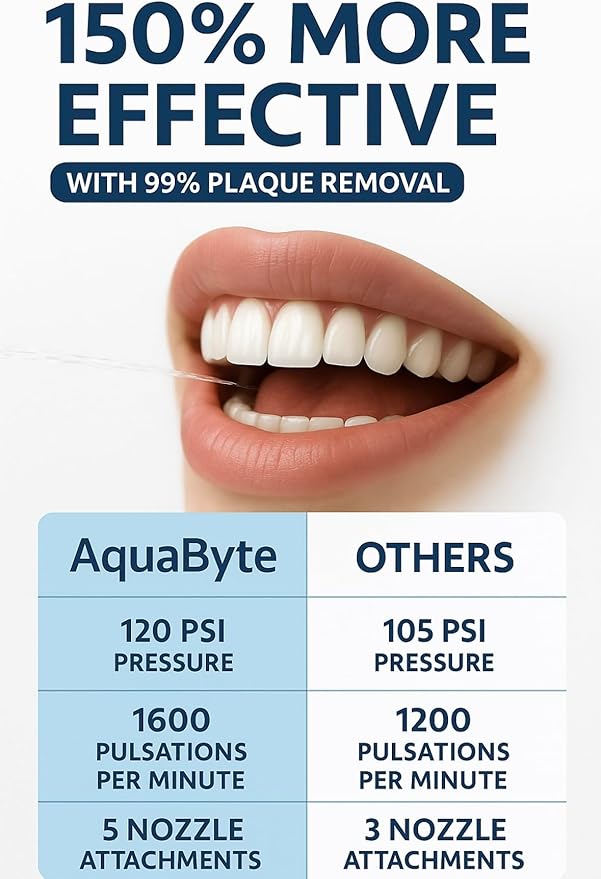 AquaByte Cordless Professional Water Flosser. Dental Oral Irrigator for Teeth, Braces, Gums. Electric Power with 5 Different Types of Nozzles. 4 Pressure Operation Modes. Including a USB-C Charger.