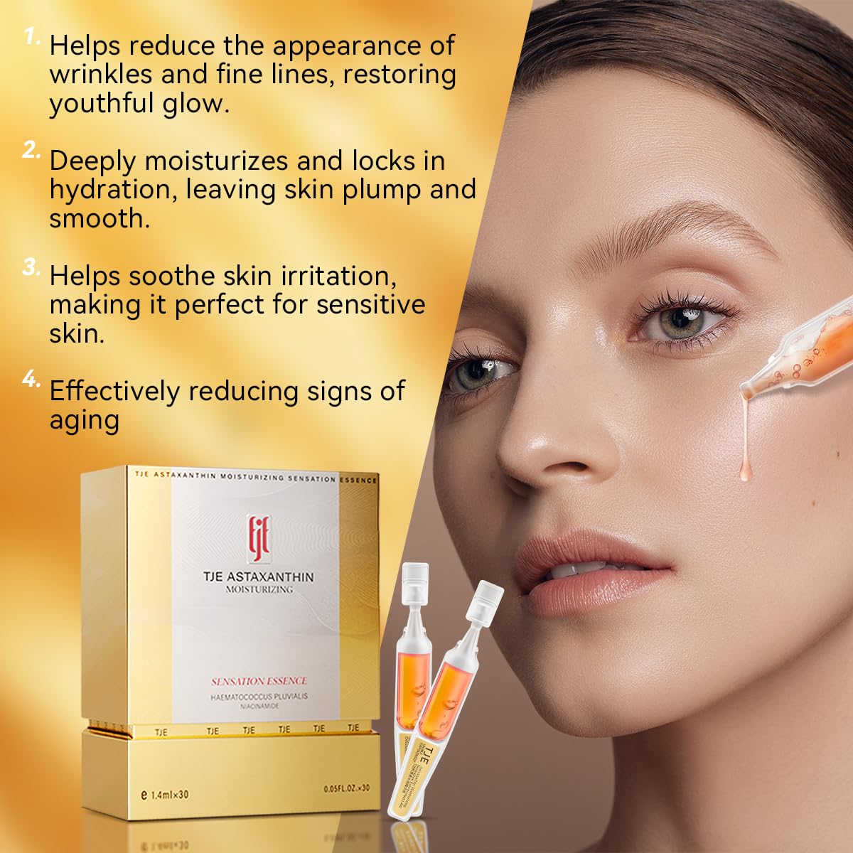 TJE Astaxanthin Serum for Face, Hyaluronic Acid Ampoules with Astaxanthin, Anti-Aging, Fine Lines, Boost Glow, Pore Minimizingm Antioxidant Nourishing Blend - 1.4ml*30pcs
