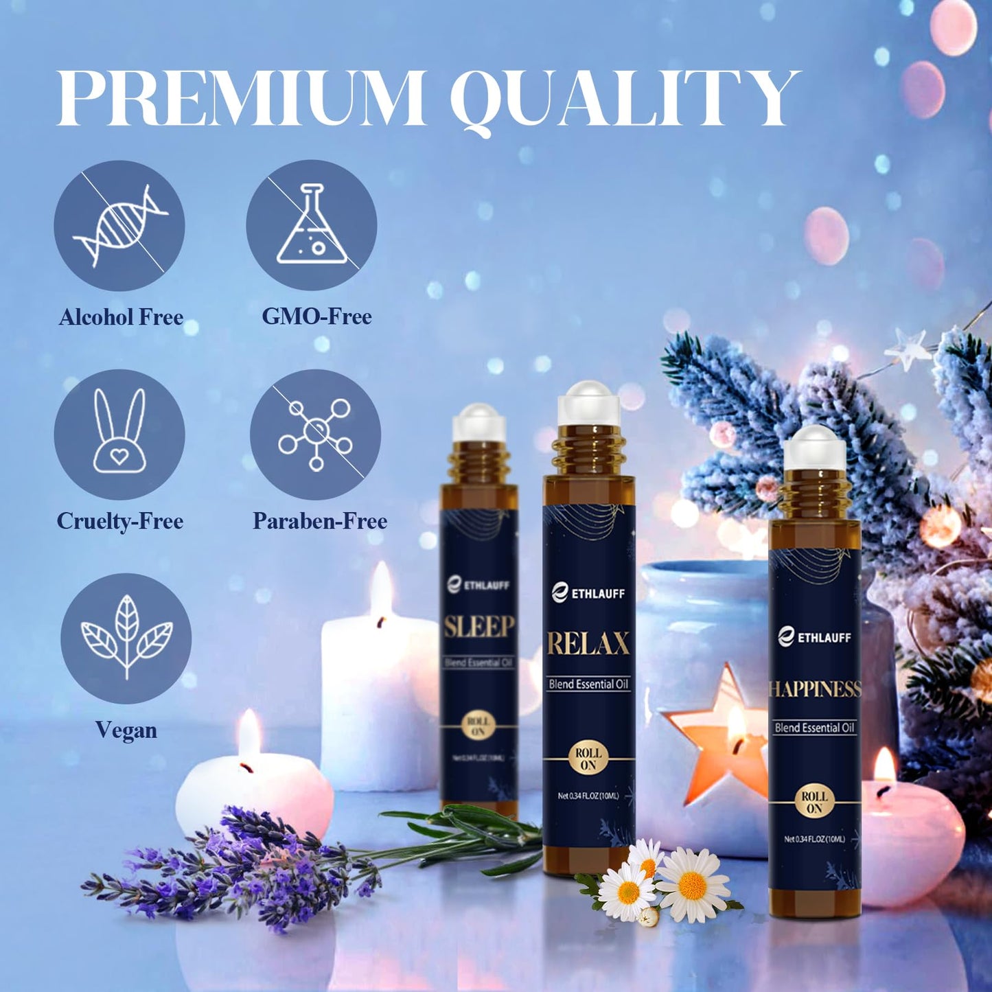 Ethlauff Essential Oil Roller Set, (Sleep, Relax, Happiness) Aromatherapy Roll On for Body Skin Care, Home - Natural Aromatherapy Gift, Relaxtion Gift, Stress Relief Gift for Women and Men