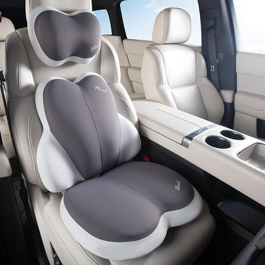 FLORICH 3 PCS Seat Cushion for Carseat Lumbar Support Pillow Car Neck Headrest Pillows Ultrathick Memory Foam Seat Pads Pressure Relief Back Cushion for Office Chair(Grey)