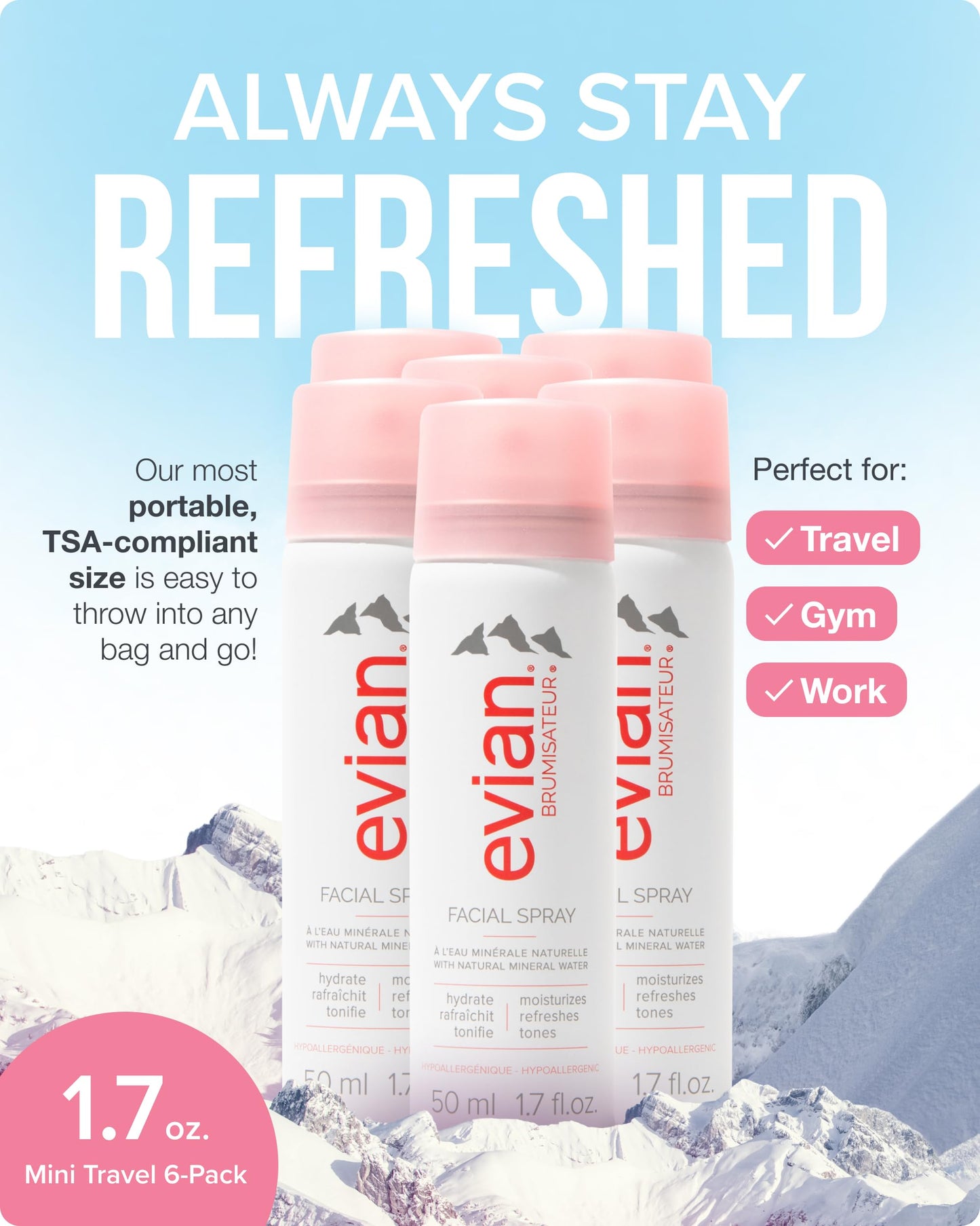 Evian Facial Spray 1.7 oz Travel 6-Pack - Hydrating Mineral Water Mist for Face & Skin - Refreshes Makeup and Tones Skin - TSA-Approved Mini Facial Spray Set for Daily Skincare Hydration