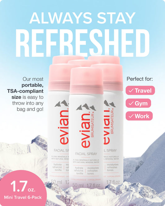 Evian Facial Spray 1.7 oz Travel 6-Pack - Hydrating Mineral Water Mist for Face & Skin - Refreshes Makeup and Tones Skin - TSA-Approved Mini Facial Spray Set for Daily Skincare Hydration