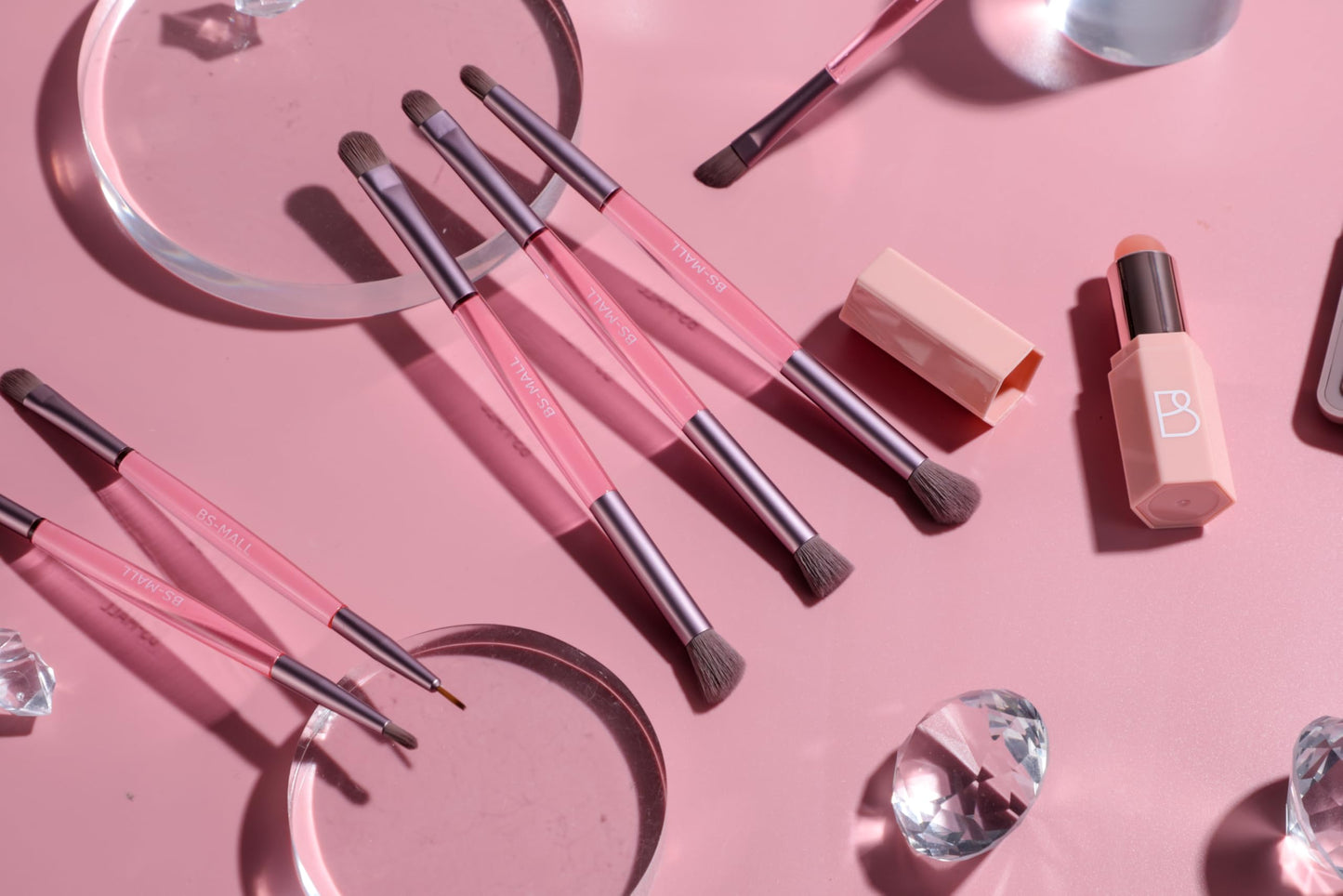 BS-MALL 6 Pcs Double-ended makeup brush set with Silicone Lip brush - eyeshadow Brush, concealer Brush, blush brush for Even application, Multi-purpose Portable makeup brushes for Daily Use (Pink)