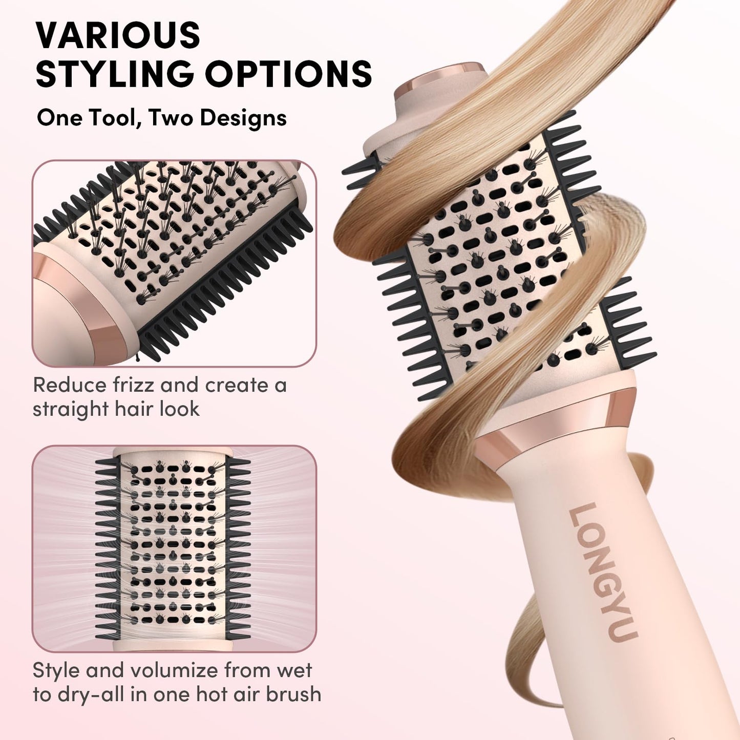 Longyu Travel Dual Voltage Hair Dryer Brush Mini Hot Air Brush with European Plug 110V-240V One Step Blow Dryer and Styler Volumizer for Home & Salon