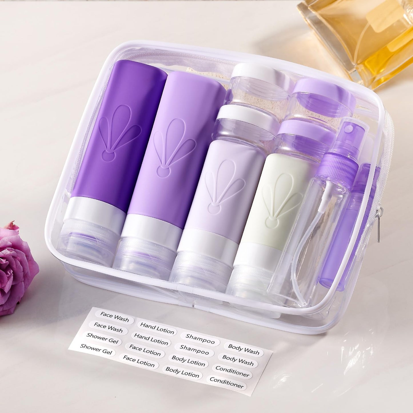 INSFIT 17 Pack Silicone Travel Bottles Set - TSA Approved Leakproof Toiletries Containers, Reusable Travel Size Accessories for Women & Men, Airplane Essentials, Shampoo Lotion Organizer