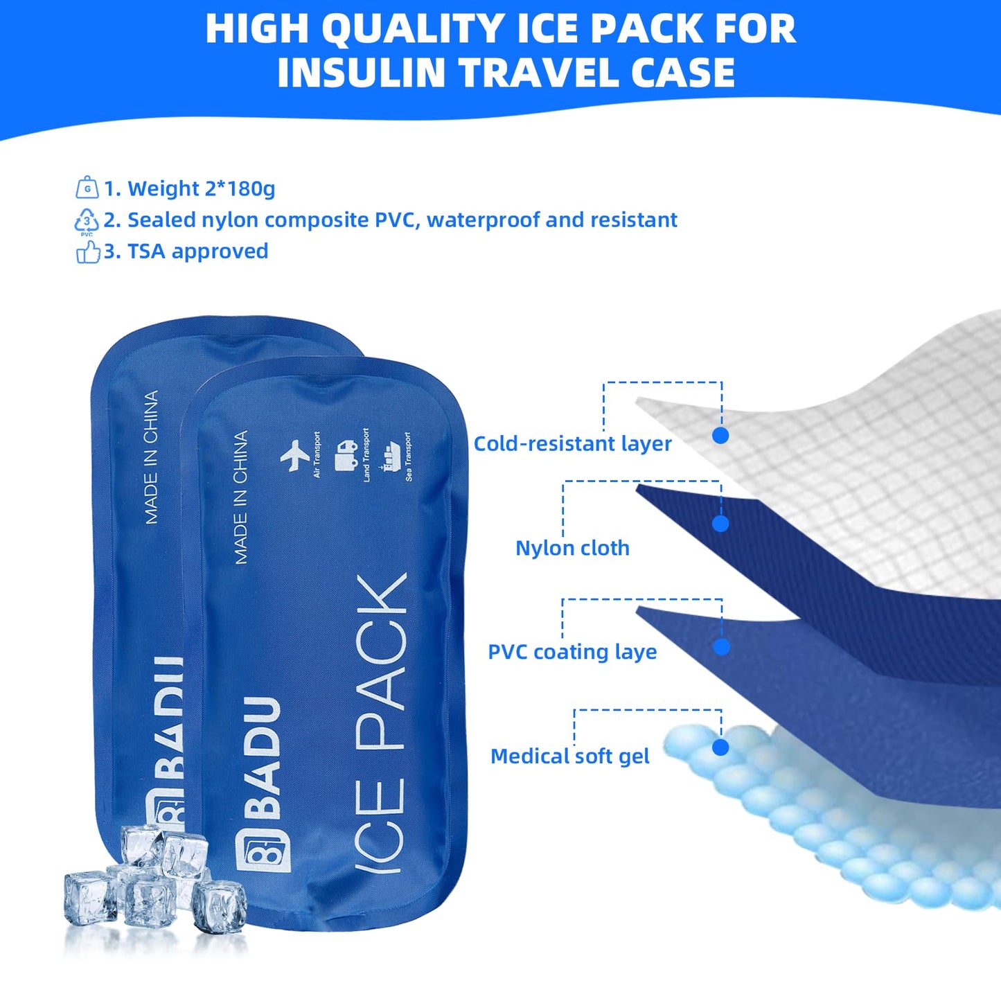 2 PCS Ice Packs for Insulin Cooler Travel Case, Reusable TSA Approved Ice Packs, Travel Ice Packs for Medications, Keep Medication Cool 8-10h in Diabetic Travel Case(Ice Pack Only, No Ice Case)