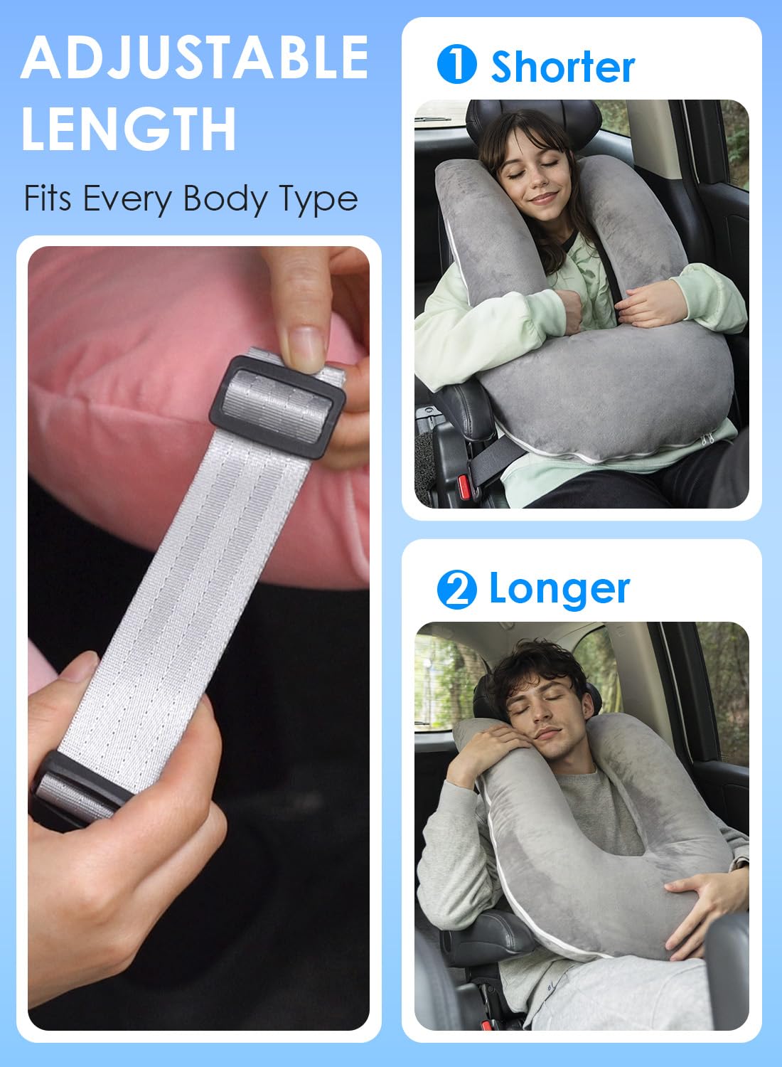 QUEEN ROSE Travel Pillow for Car Sleeping, Adjustable Length, Neck Support Pillow for Road Trips, for Adults & Kids, Soft Velvet, Grey