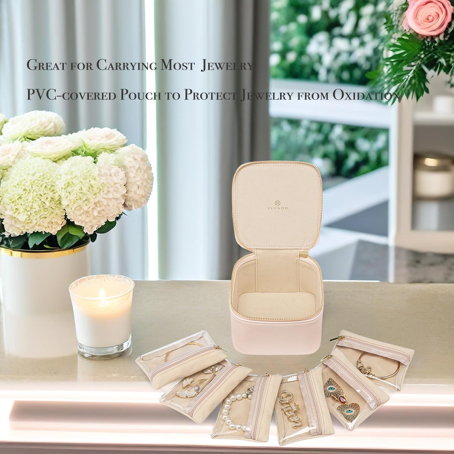 Vlando Travel Jewelry Box Organizer - 6 Small Velvet Zipped Pouches Pockets for Jewelries Necklaces Rings Earrings Sorting Storage, Rosy Mauve