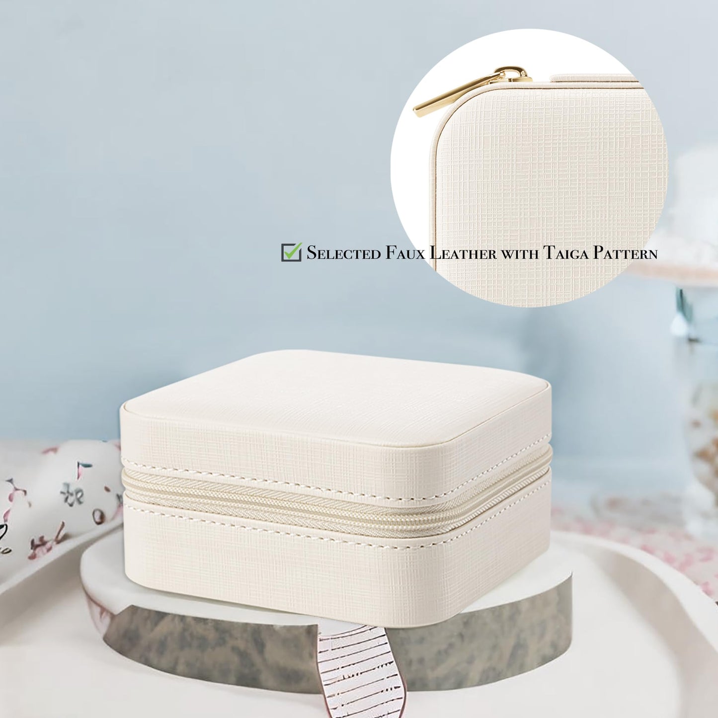 Vlando Small Travel Jewelry Box Organizer - Mirrored Carry-on Jewelries Necklaces Rings Earrings Necklace Storage Case, Beige