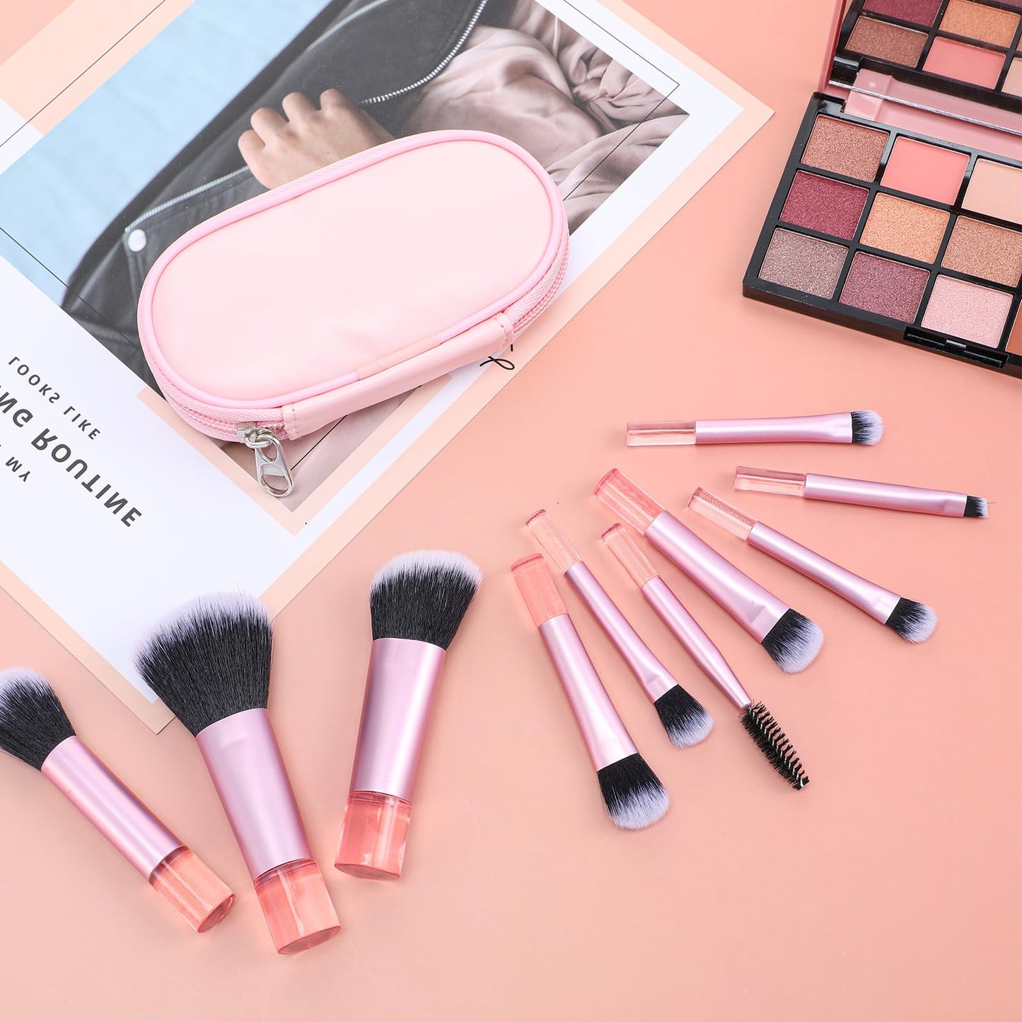 10 Pcs Easy-Taken Travel Makeup Brushes Mini Makeup Brush Set Portable Travel Brush Set with Pack Suitable for Foundation Eye Shadow Lipstick Concealer Highlighting Shadow Contour Blush (Pink)