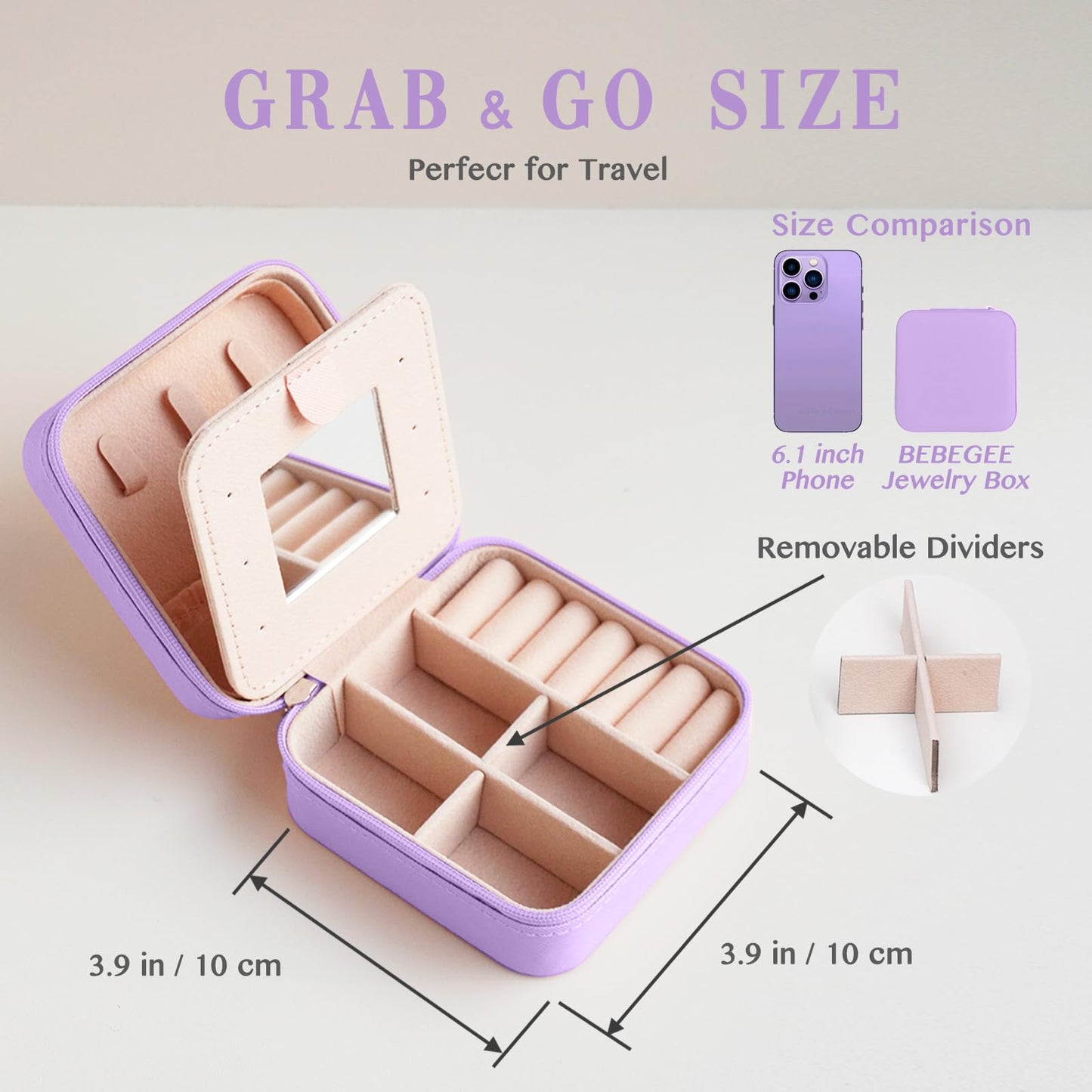 Travel Jewelry Case Mini Portable Jewelry Travel Organizer, Teacher Gifts, Small Jewelry Box for Bridesmaid Proposal Gift, Birthday Gifts for Women to Store Jewelry(Lavender with Mirror)