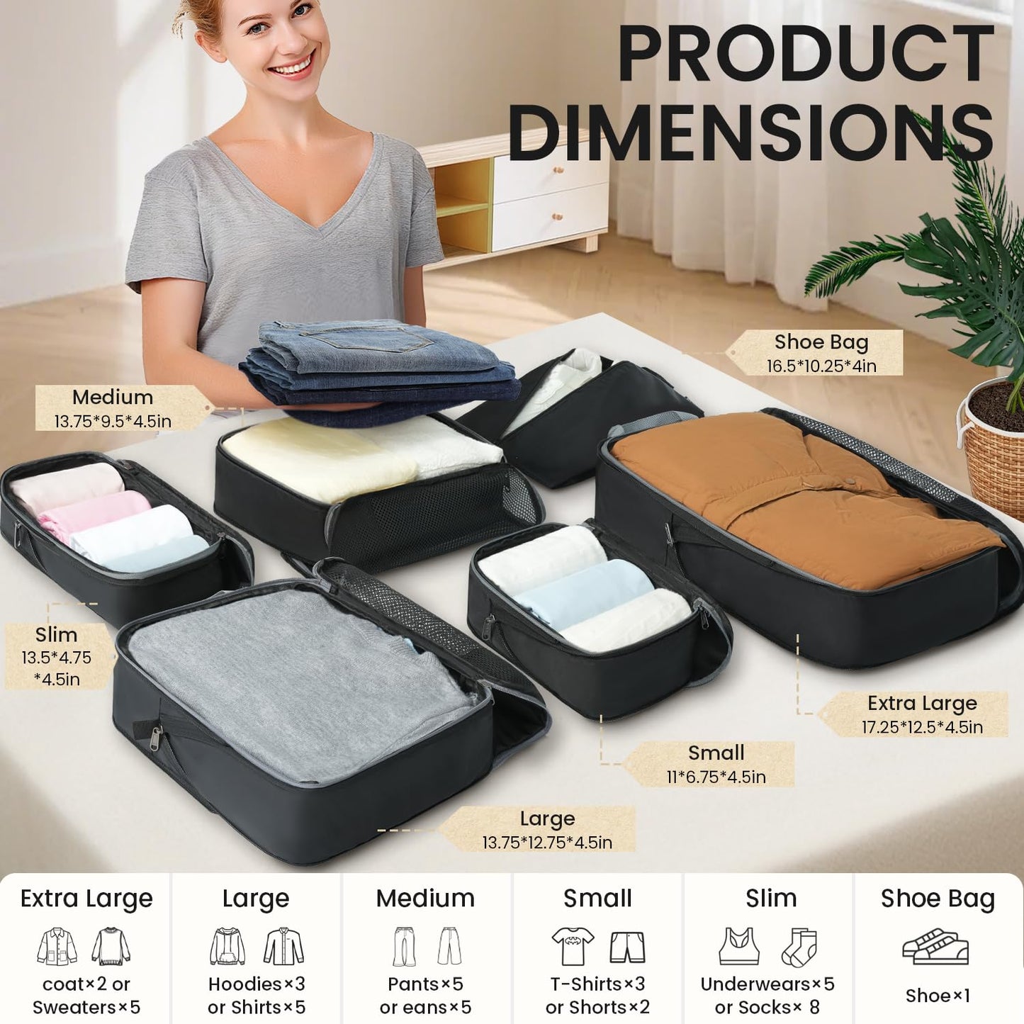 BAGAIL 4 Set/6 Set/8 Set Compression Packing Cubes Travel Accessories Expandable Packing Organizers (Half Mesh, 6-Black)