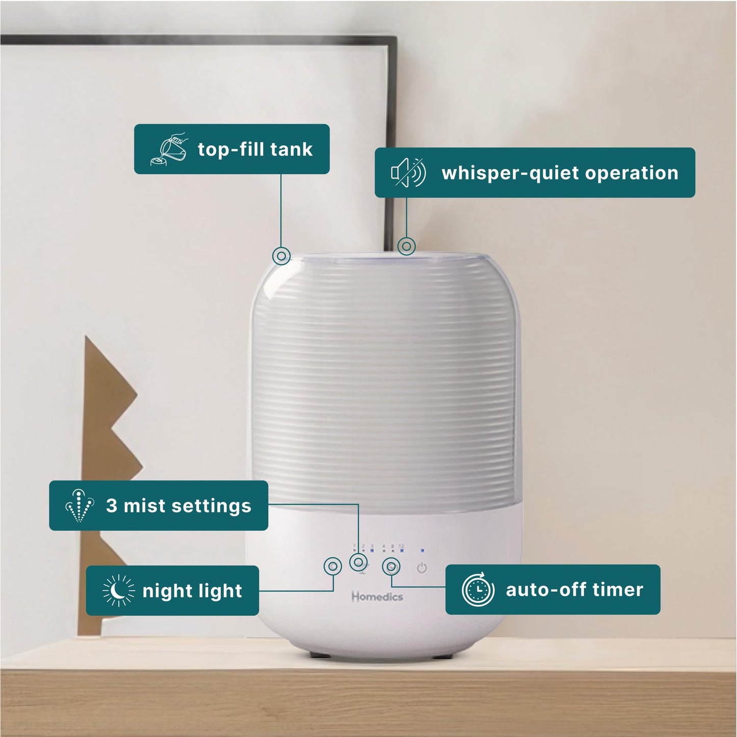 Homedics Ultrasonic Cool Mist Humidifier, Top-Fill 3L Water Tank, Covers 395 sq. ft, 35-Hour Runtime, 3 Mist Settings, Clean Tank Tech, Auto-Off, Night Light, Quiet