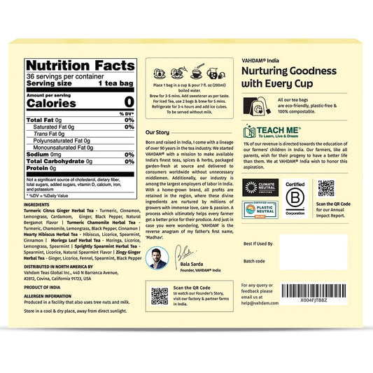 VAHDAM, Herbal Tea Sampler (36 Tea Bags, 6 Flavors) Caffeine-Free, Non-GMO | Assorted Tea Sampler - Turmeric Citrus Ginger, Turmeric Chamomile, Hibiscus, Moringa, Spearmint, Ginger | Gifts for Him/Her
