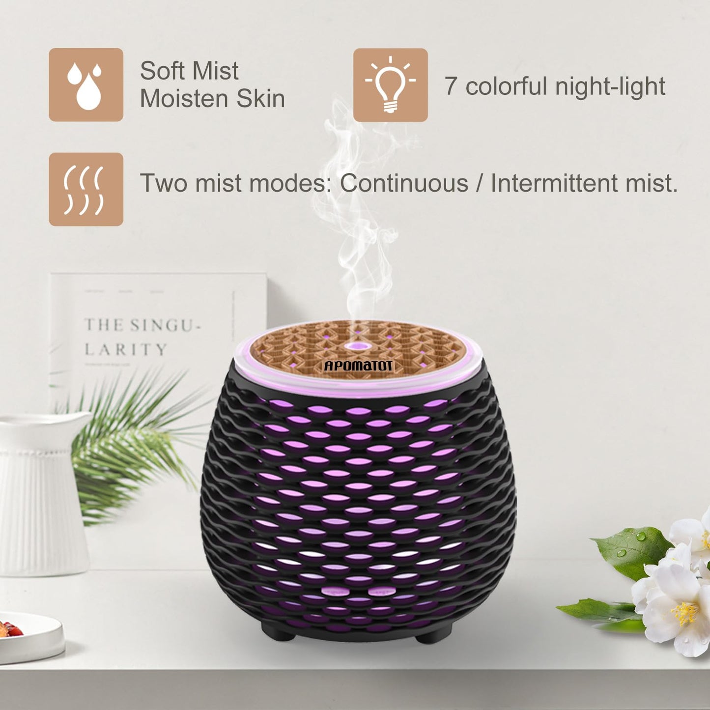 APOMATOT 2 Pack 140ml Small 25dB Quiet Working Essential Diffuser,Aromatherapy Diffusers Cool Mist Humidifier with USB 7 LED Light Color,Waterless Auto Shut-Off for Home Office Room