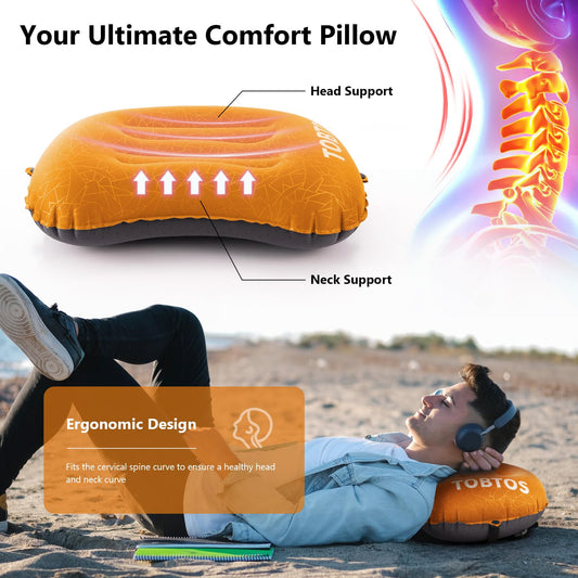 TOBTOS Inflatable Camping Pillow for Camping, Ultralight Backpacking Pillow, Ergonomic Support for Neck & Lumbar, Blow Up Air for Travel, Hiking, Outdoor (Orange)