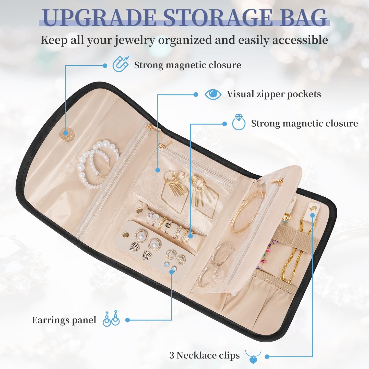 LASUK Travel Jewelry Holder Organizer Case, Foldable Jewelry Roll Storage Bag for Necklaces Rings Earrings Bracelets, Large, Black