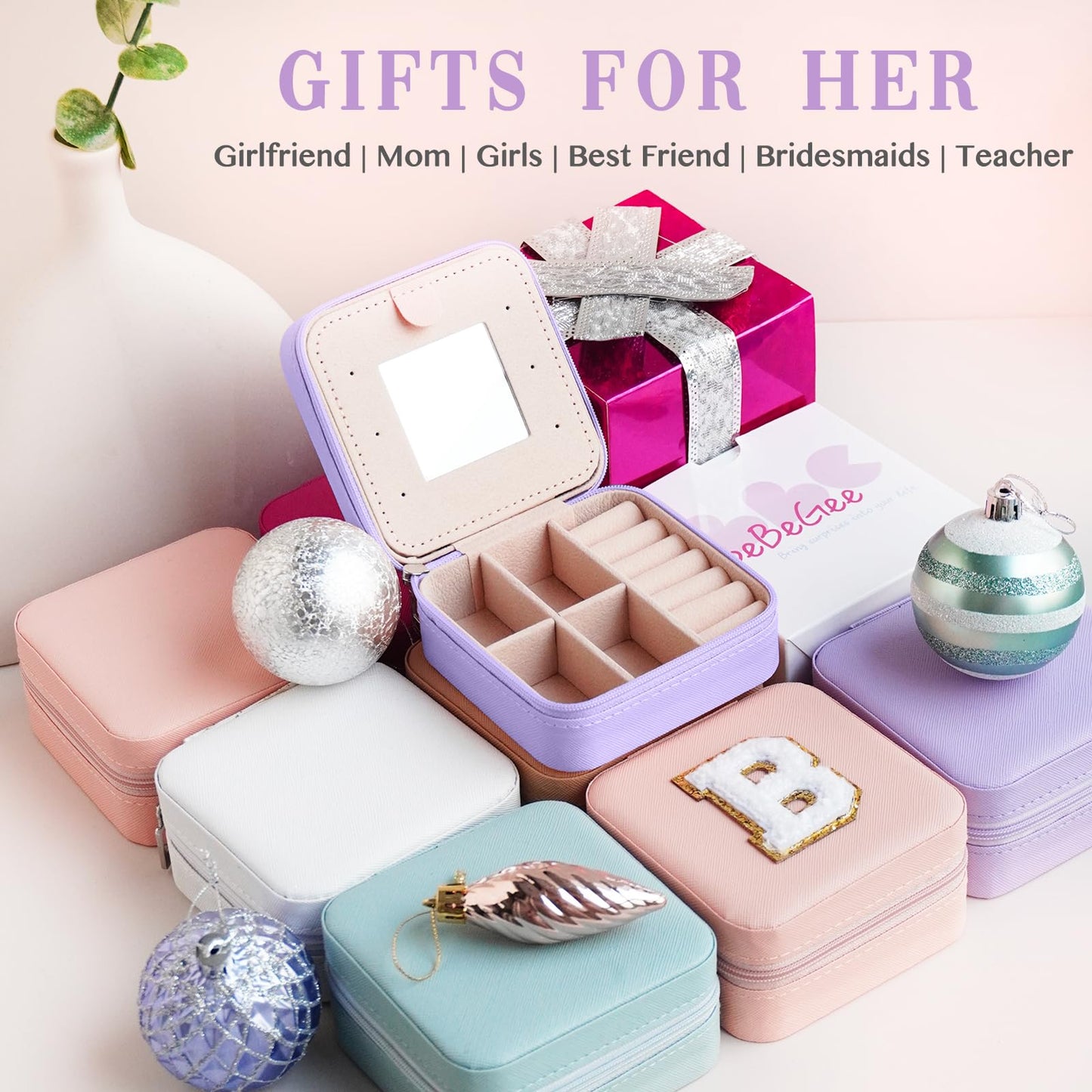 Travel Jewelry Case Mini Portable Jewelry Travel Organizer, Teacher Gifts, Small Jewelry Box for Bridesmaid Proposal Gift, Birthday Gifts for Women to Store Jewelry(Lavender with Mirror)