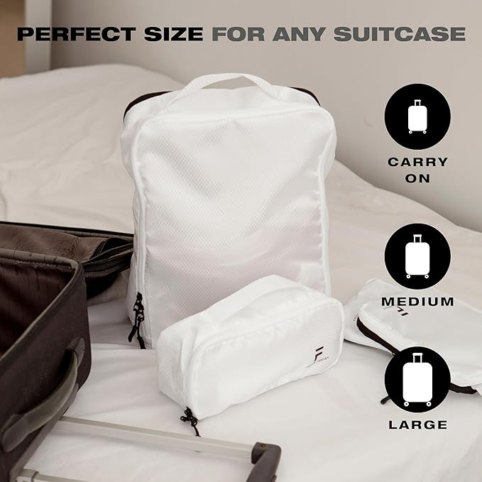 8 Piece Compression Packing Cubes Set - Double Capacity Design for Travel - Small, Medium & Large Sizes - Carry-On Suitcase Organizer Bags (White)