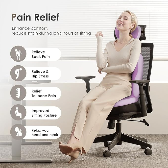 FLORICH 3 PCS Seat Cushion for Carseat Lumbar Support Pillow Car Neck Headrest Pillows Ultrathick Memory Foam Seat Pads Pressure Relief Back Cushion for Office Chair(Purple)