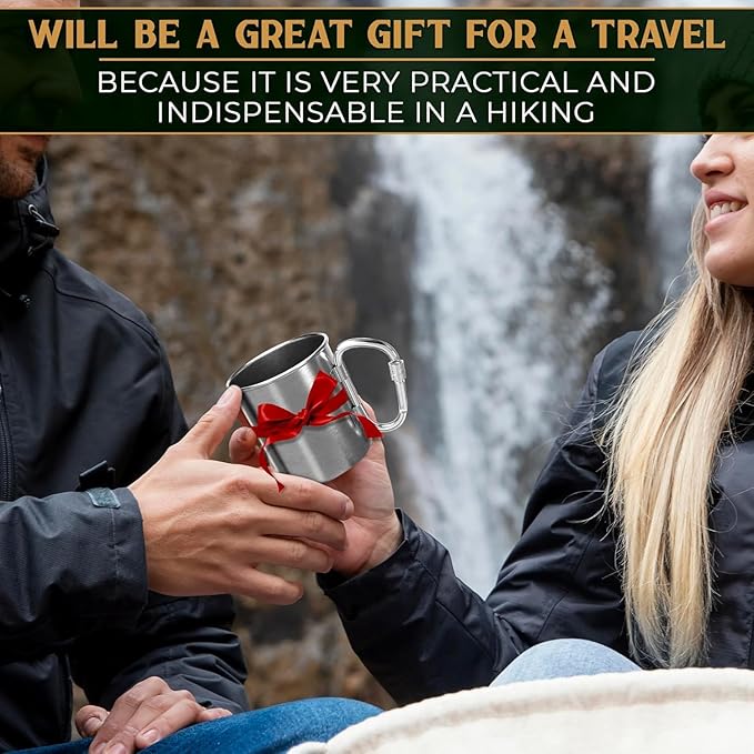13.5 Oz Stainless Steel Camping Mug with Carabiner - Metal Camping Cup for Traveling, Lightweight and Heat-Resistant, Durable and Easy to Clean Hiking Cup, Comfortable to Hold and Drink