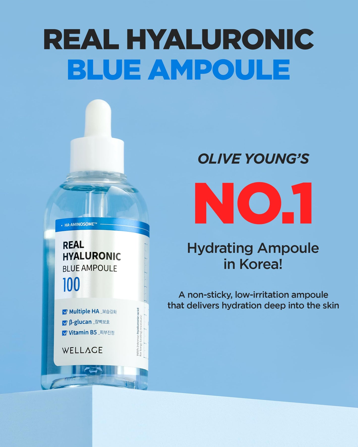 WELLAGE Real Hyaluronic Blue Ampoule 100, Korean Serum, Fragrance Free Hyaluronic Acid Ampoule with Panthenol, Wild yam, Centella for Sensitive Dry Skin Moisturizer 2.54 fl.oz
