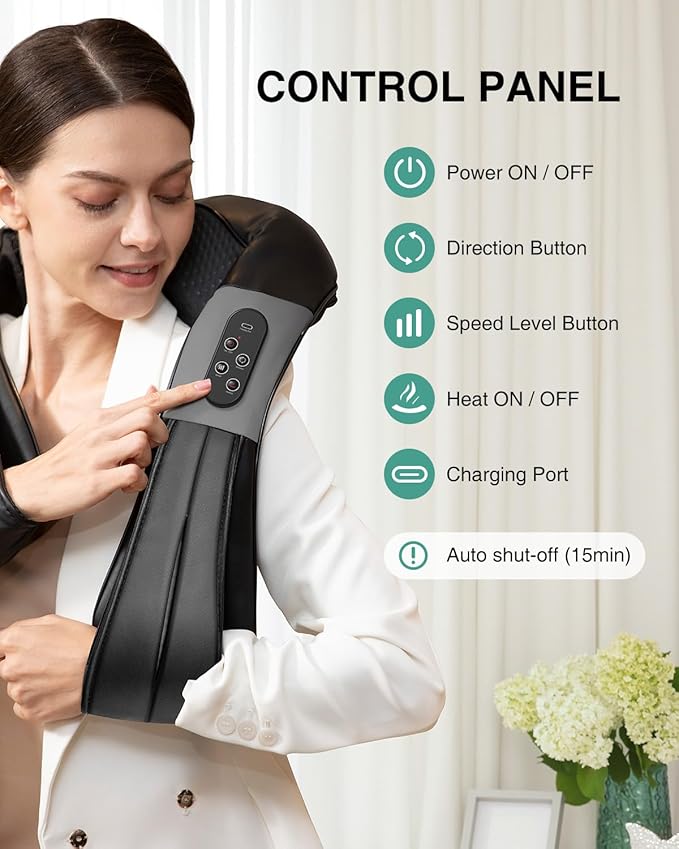 Nekteck Cordless Shiatsu Neck and Back Massager with Soothing Heat, Rechargeable Electric Deep Tissue 3D Kneading Massage Pillow for Shoulder Leg Body Muscle Pain Relief, 3 Speed Intensities