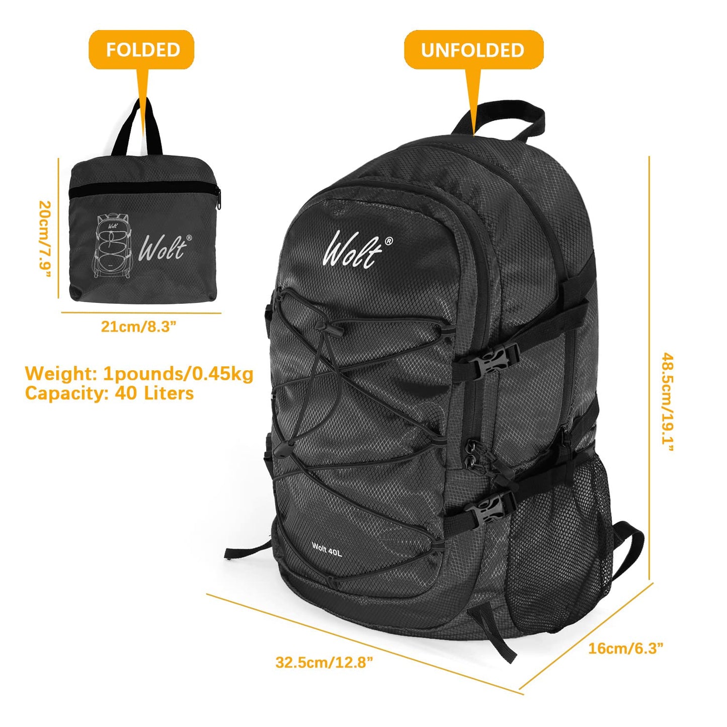 WOLT 40L Packable Travel Backpack, Foldable Lightweight Backpack for Men Women,Waterproof Hiking Bag for Outdoor Camping (Black)