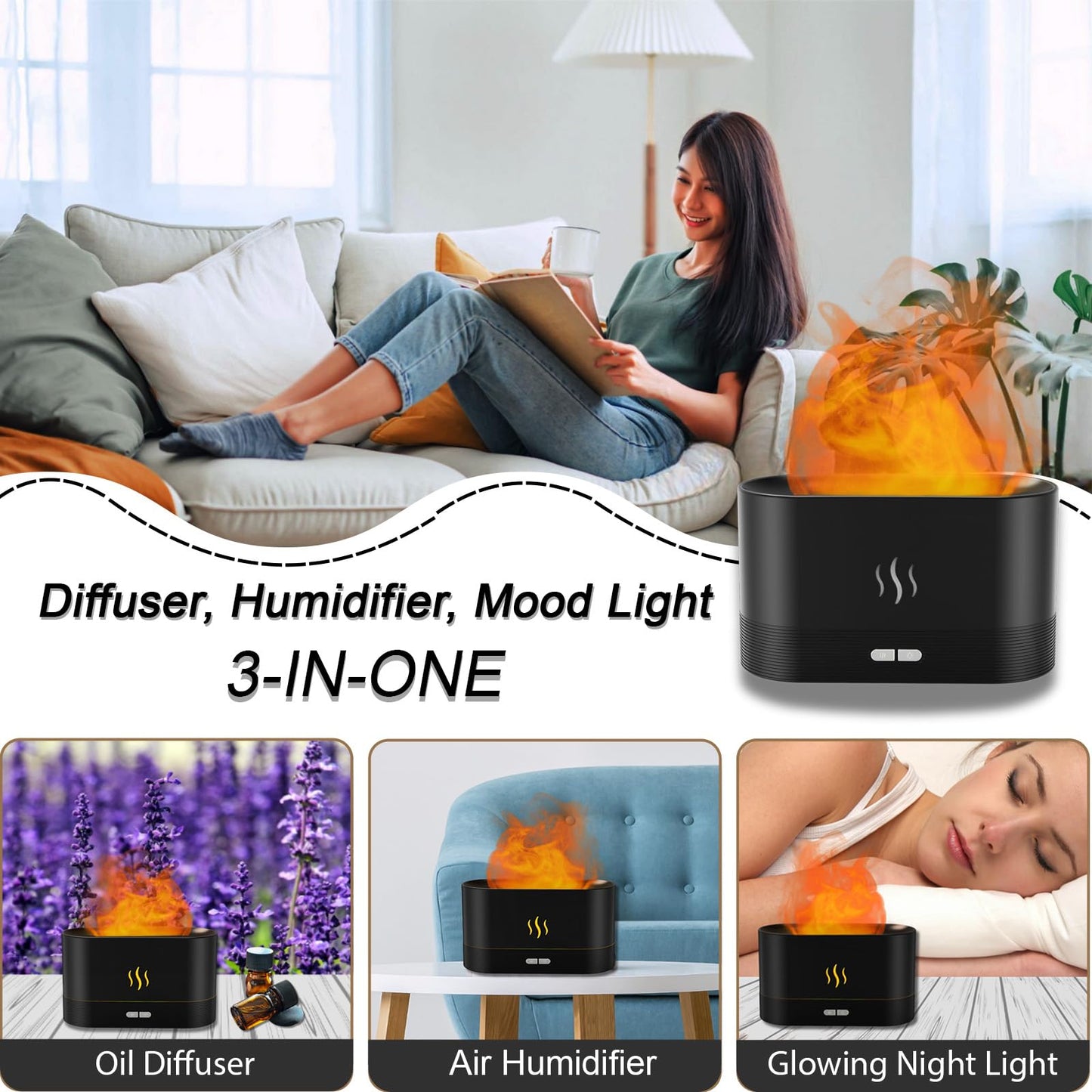PIZAY Essential Oil Diffuser, Flame Air Humidifier with Fire Led Light - 2 Rightness, 180mL Capacity (8 Hours), Auto-Off Protection Air Diffuser for Home Bedroom Office Gifts(White)