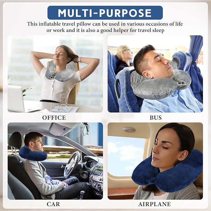 Sintuff 2 Pack Inflatable Travel Pillow for Airplanes Inflatable Neck Flight Pillows with Compact Bag and Blindfold for Traveling, Airplane, Train, Car, Office(Gray and Blue)