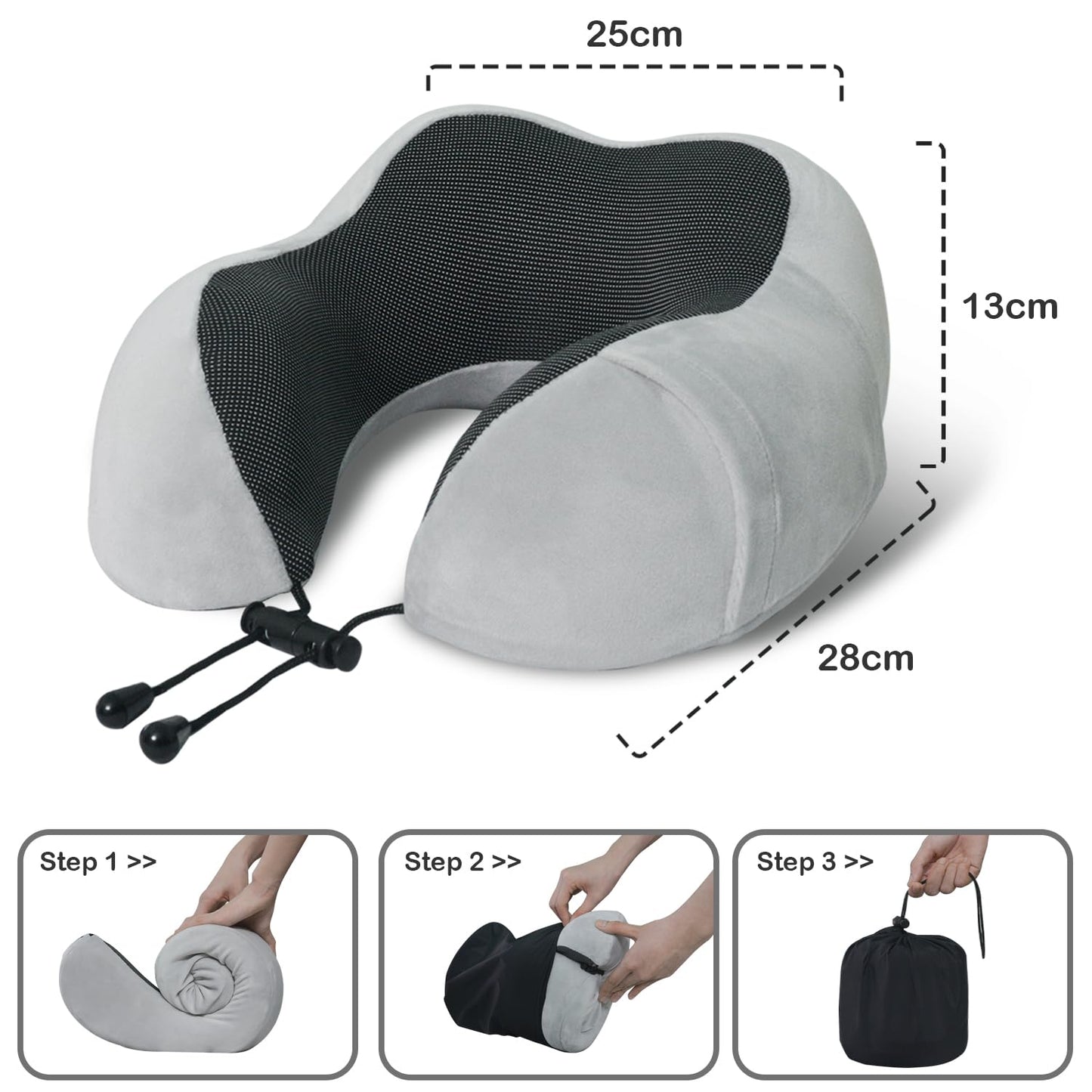 Travel Pillow, Memory Foam Neck Pillow for Traveling, U Shape Neck Pillow Airplane Portable Flight Pillow Travel Kit with 3D Contoured Eye Masks and Earplug for Plane Train Car Home Office - Grey