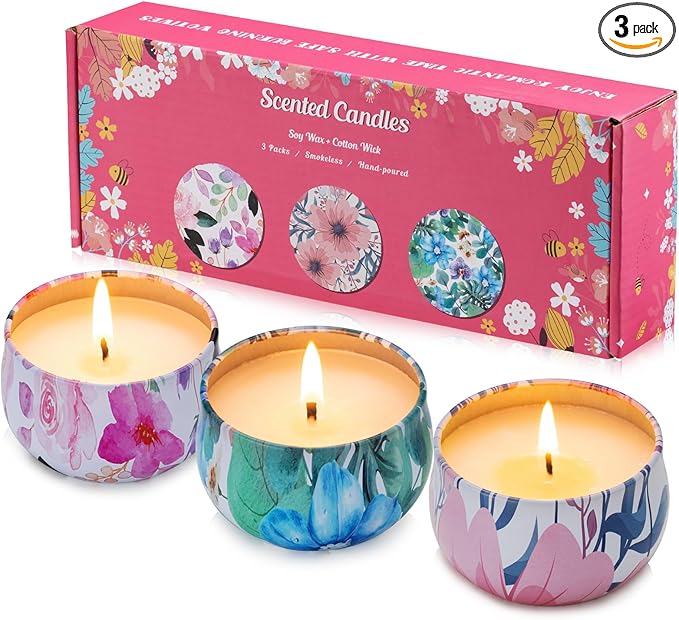 Hausware 3 Pack Scented Candles, 2.5 oz Aromatherapy Candles with Floral Scents,Soy Candles Set with 72H Burning Time,Ideal Gift for Women(Magnolia+Jasmine+Rose)