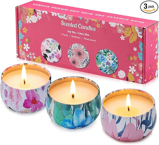 Hausware 3 Pack Scented Candles, 2.5 oz Aromatherapy Candles with Floral Scents,Soy Candles Set with 72H Burning Time,Ideal Gift for Women(Magnolia+Jasmine+Rose)