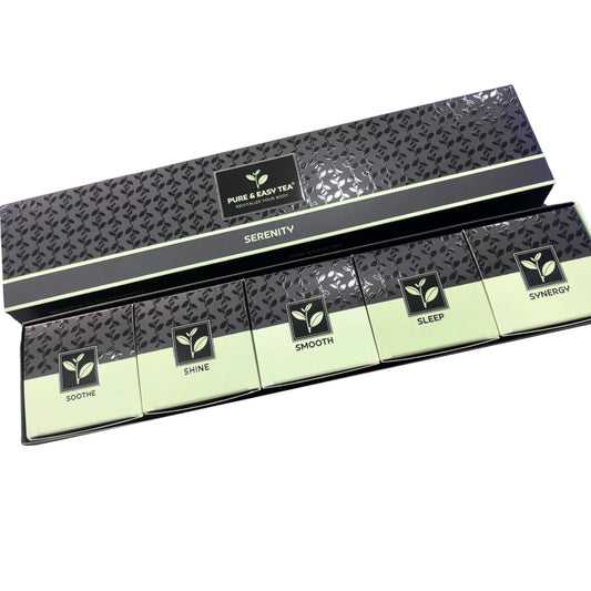 Pure And Easy Tea, Serenity Herbal Tea Sampler, 15 Count Caffeine-Free Variety with 5 Flavors, Natural Loose Leaf Blends in BPA-Free Pyramid Bags, Wellness Gift Box, 49.5g