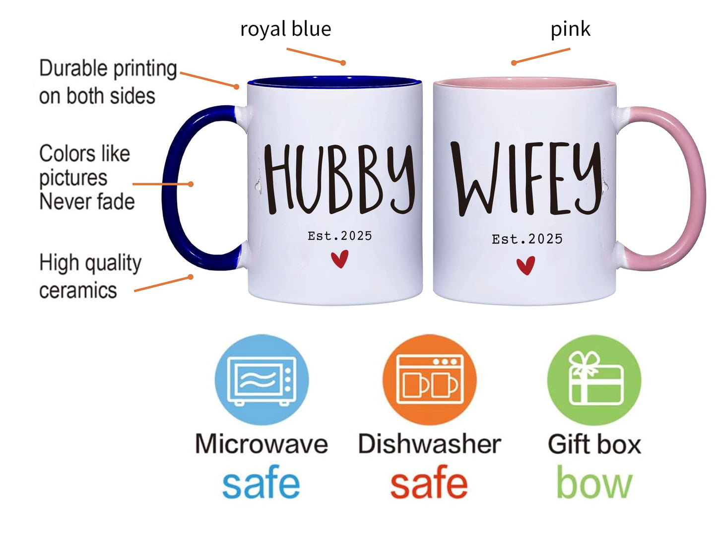 ZWV Est 2025 Hubby & Wifey Couples Coffee Mug Set - Mr & Mrs Bridal Shower Gift, Wedding Gift Set of 2