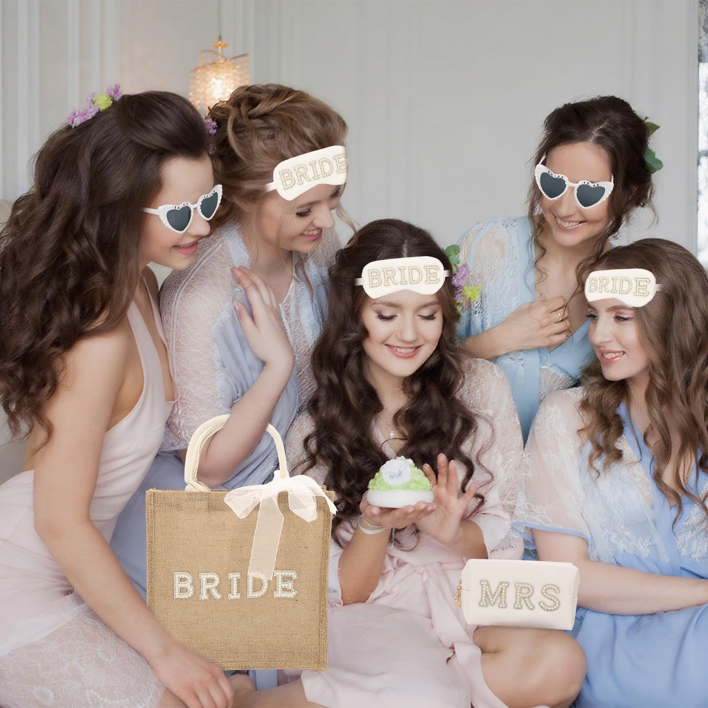 TURAOHU 4 Pcs Bride to Be Gift Set - Bride Tote Bag for Wedding Day, MRS Cosmetic Bag, Bridal Sunglasses, Eye Mask for Bachelorette Party Engagement Honeymoon Bridal Shower Gift