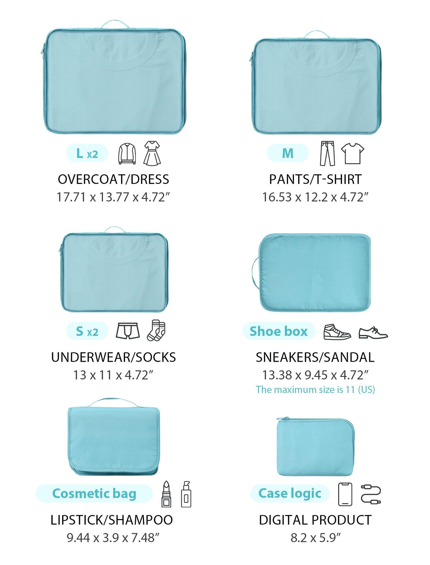 DIMJ Packing Cubes Suitcase, 8 Pieces Packing Cubes for Travel, With Toiletry Bag Hanging, Packing Cubes Carry on Luggage Cubes Packing for Clothes, Shoes, Underwear, Cosmetics, Travel Essential(Blue)