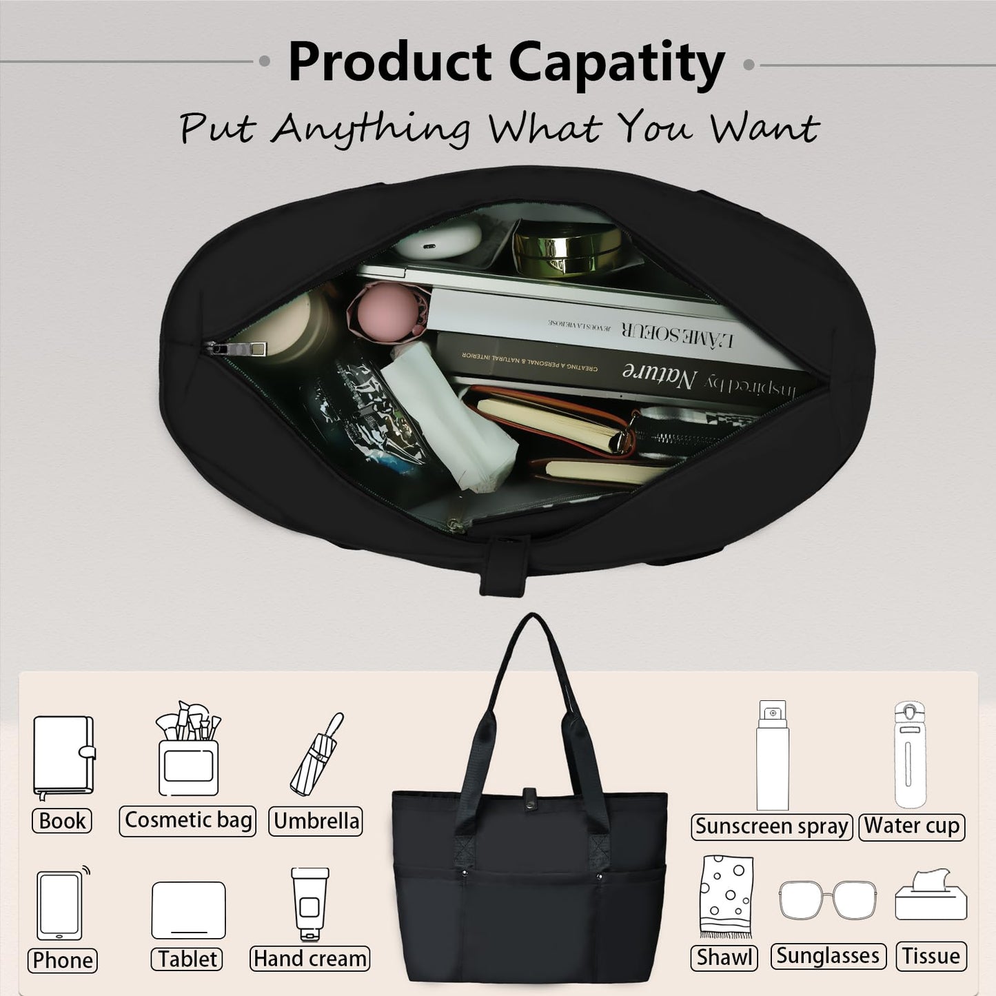 Foldable Travel Duffle Bag for Women, Gym Tote With Zipper Top Handle Handbag Large Shoulder Bag