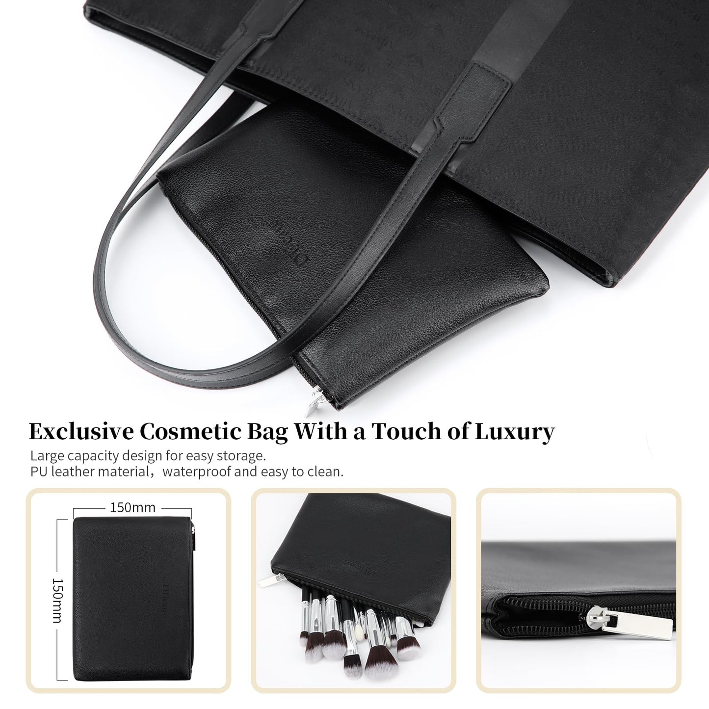 DUcare Makeup Brushes with Bag,15Pcs Makeup Brush Set Christmas Gift Travel Kabuki Foundation Blending Blush Eyeliner Shadow Brow Concealer Brushes Kit Black