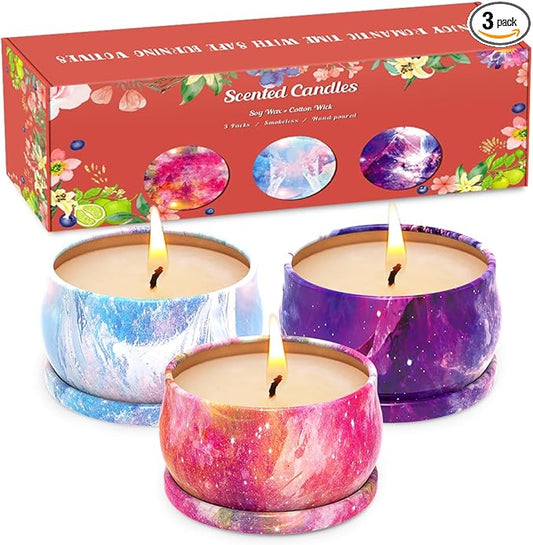 3 Packs Scented Candles Set for Christmas Thanksgiving, Natural Soy Wax Portable Travel Tin Candle, Aromatherapy Gift for Friends Classmates Colleague - Starry Sky