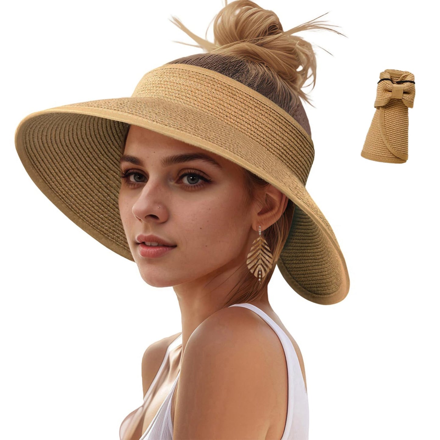 Sun Hats Visor for Women, UV UPF Straw Beach Hat Foldable Wide Brim Ponytail Summer Hats Packable Travel Khaki