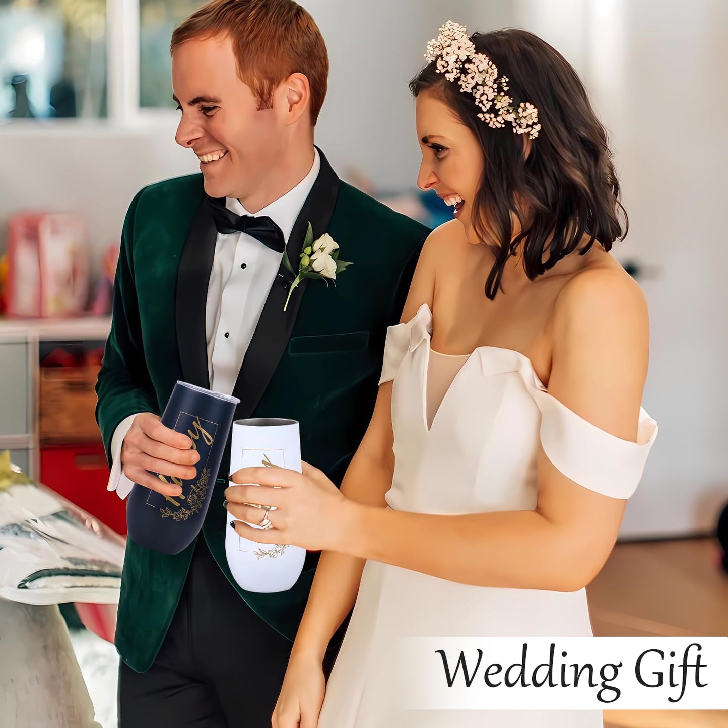 merrisport Wedding Gifts for Couples 2025,Hubby and Wifey Champagne Flutes with Best Wishes Card, Insulated Stainless Steel Tumblers with Lids, Bride and Groom Gift Box, Mr and Mrs Gift,12oz