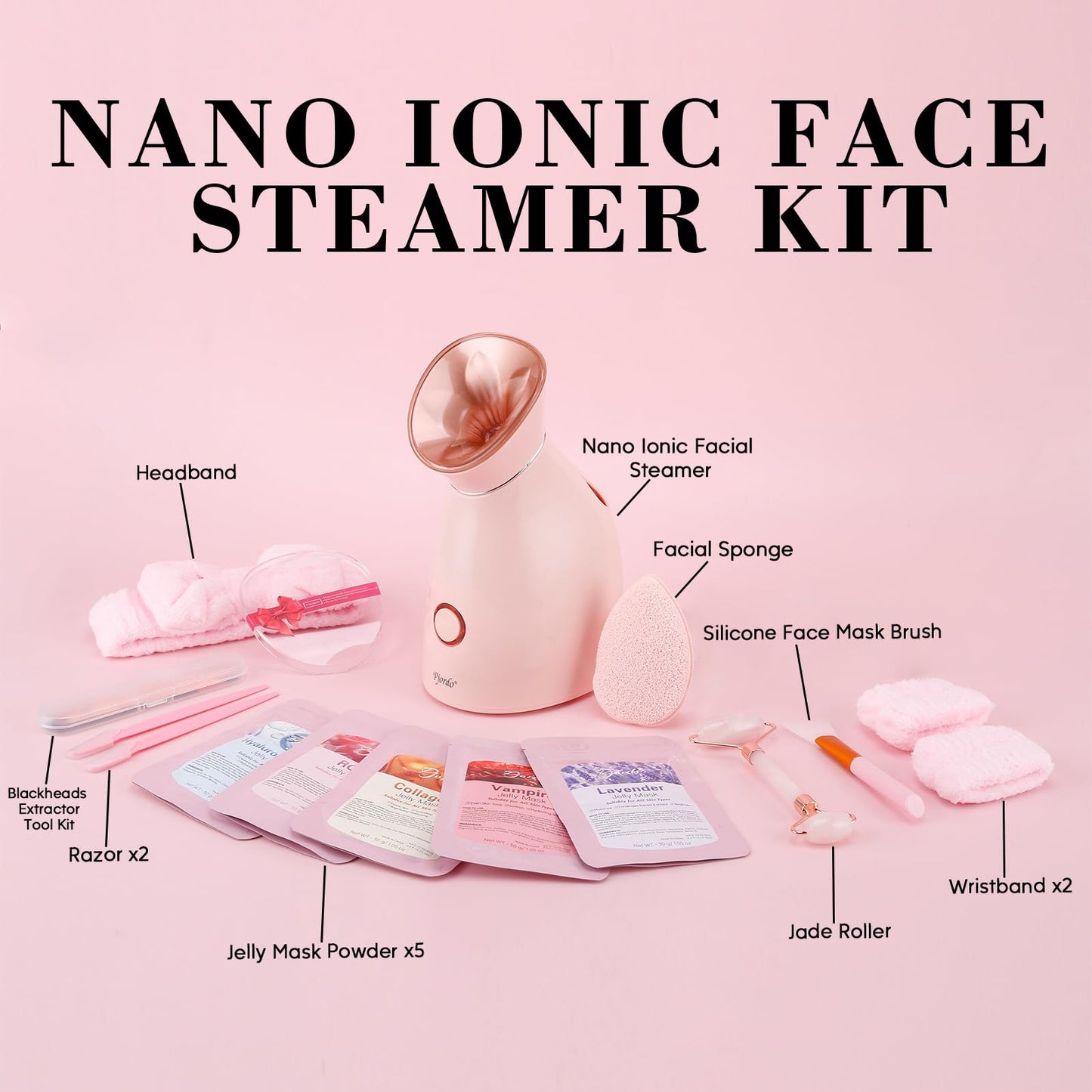 Pjordo Facial Steamer Spa Kit, 12 Skin Care Tools & 5 Jelly Mask Powder, Nano Ionic Steamer for Facial Deep Cleaning Unclog Pores Sinuses, Warm Mist Humidifier for Home SPA, Self Care Gifts for Women
