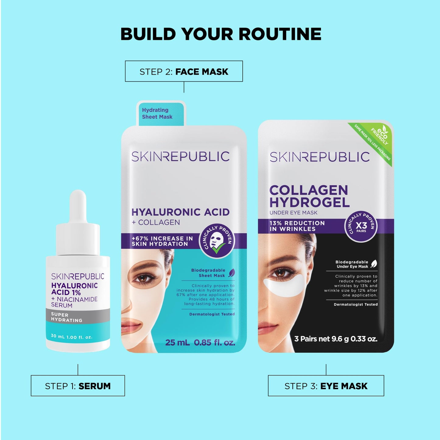 Skin Republic Hyaluronic Acid + Collagen Sheet Mask. Clinically Proven to Provide 48-Hours of Long-Lasting Hydration. Made in Korea. 3 Pack.