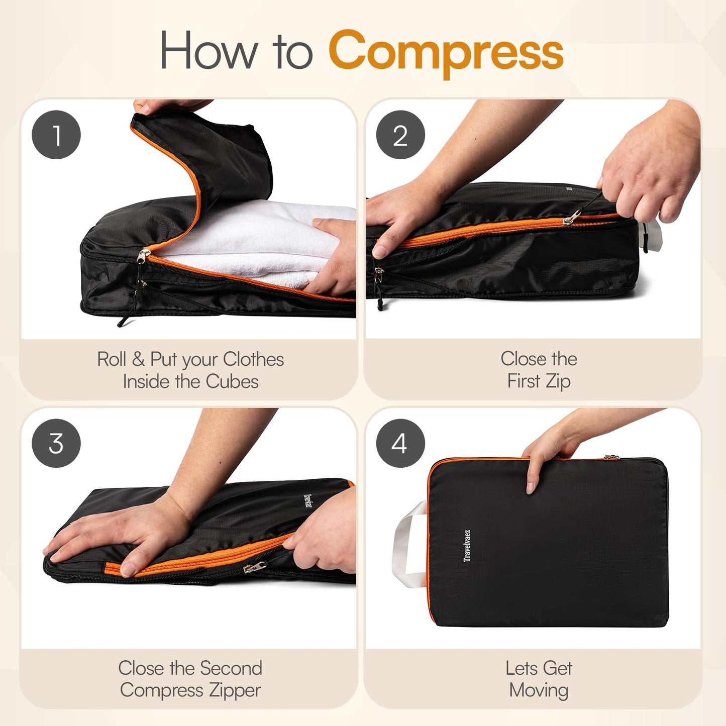 Travelvaez 6 Set Large Compression Packing Cubes, Durable Clothes Organizer for Suitcases and Carry-On Luggage, Expandable and Lightweight Packing Cubes for Travel Compression with Laundry bag, Black