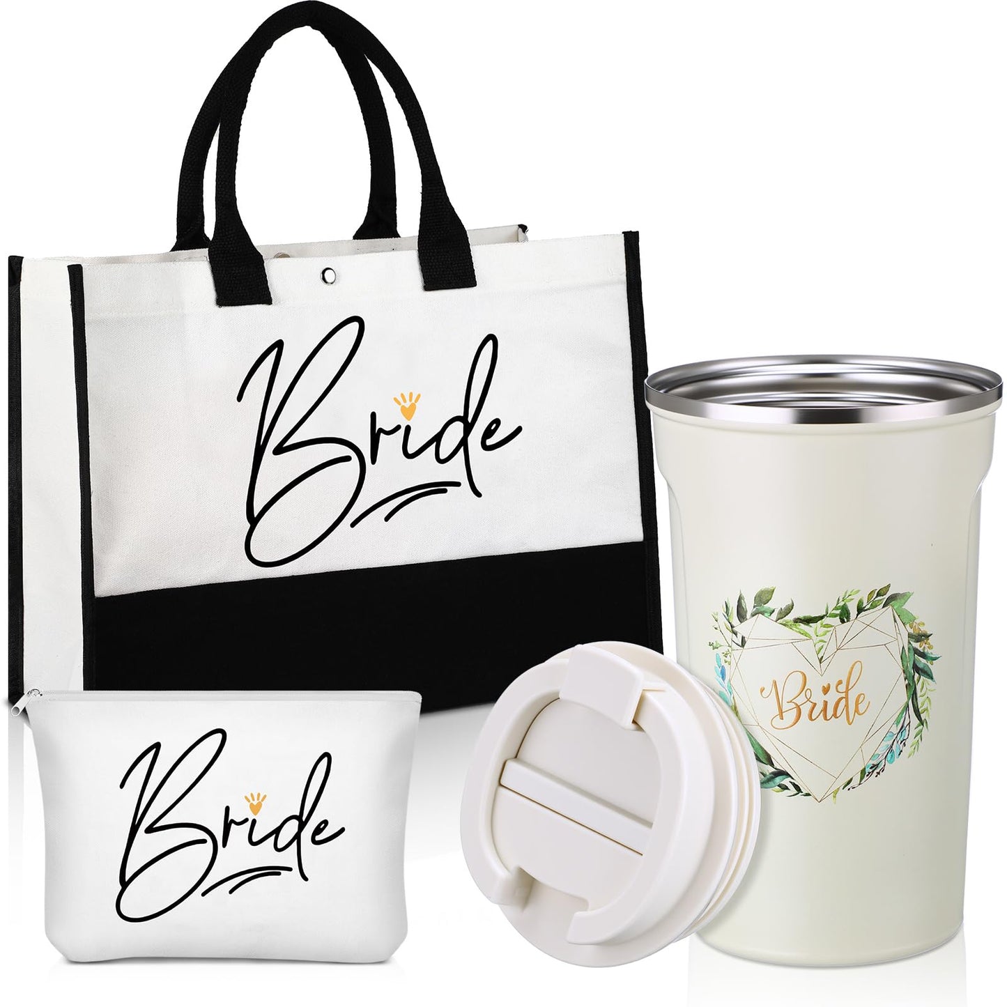 3 Pieces Bride Gifts Bridal Shower Gift for Wedding Bride Canvas Tote Bag Makeup Bag Tumbler Cup Stainless Steel Drink Cup Bachelorette Gifts for Wedding Engagement Honeymoon