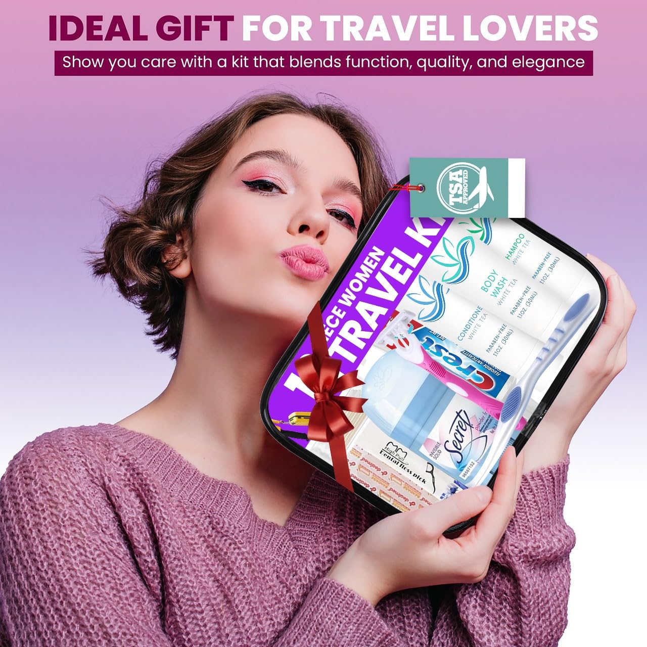 Trektote Travel Toiletry Kit For Women – 12 Piece Set Of Travel Size Toiletries, TSA Compliant, Travel Essentials, Includes Shampoo And Conditioner, Body Wash, Toiletry Bag & More