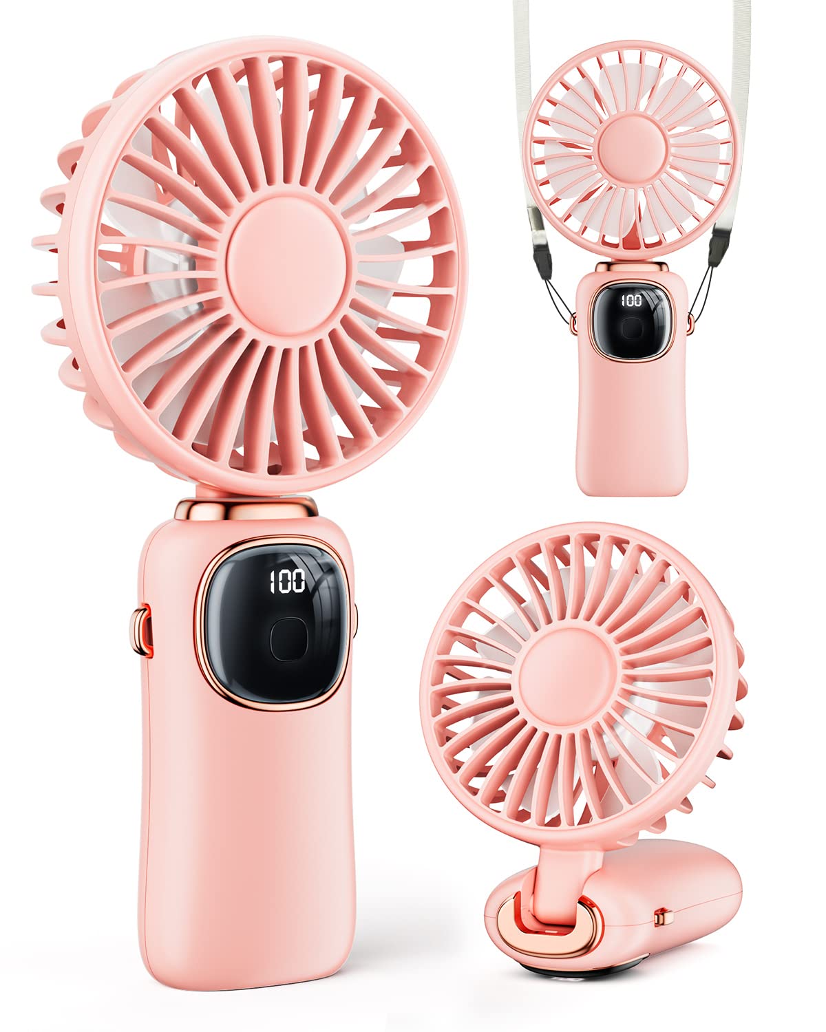 coldSky Portable Handheld Fan, 4000mAh Battery Operated with LED Display, Handheld/Neck/Desk 3 in 1 Personal Small Fan, 90° Foldable Desk Fan with Base, 5 Speed Lash Makeup Fan for Women