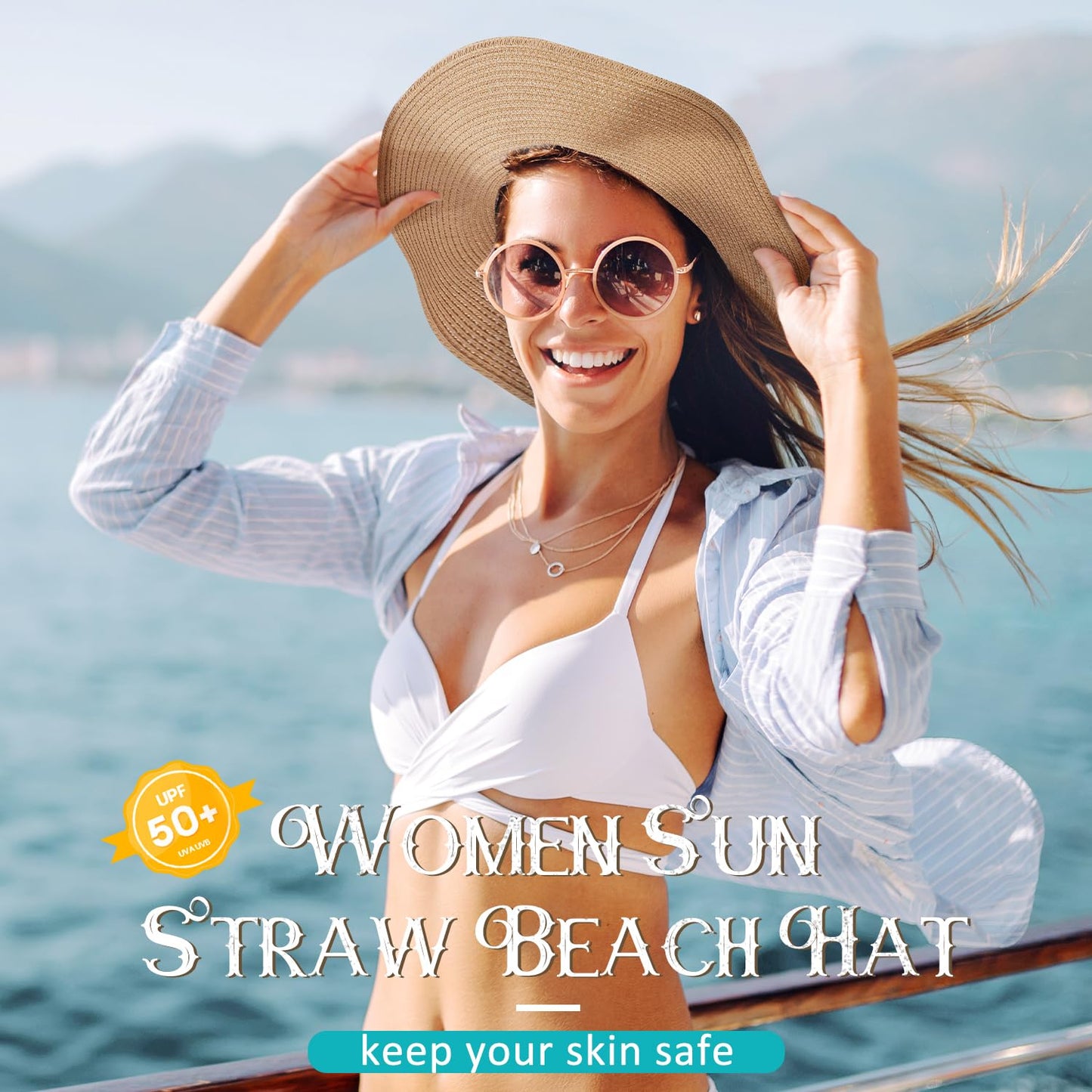 Beach Sun Hats for Women, Wide Brim Straw Hat for Women, Womens Sun Hat UPF 50+ UV Protection, Summer Hats Packable Foldable Roll up Cap